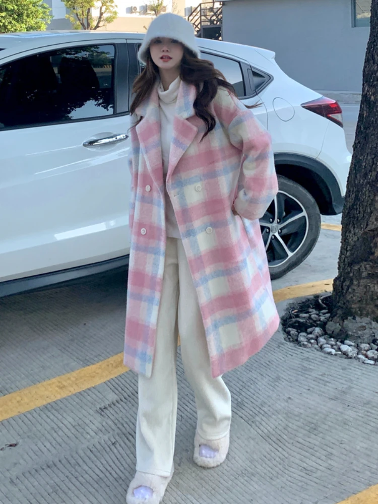 Plaid Rainbow Wool Coat Women Korean Fashion Loose Casual Long Trench Coat Female Elegant Warm Outwear Overcoat Winter 2022 New