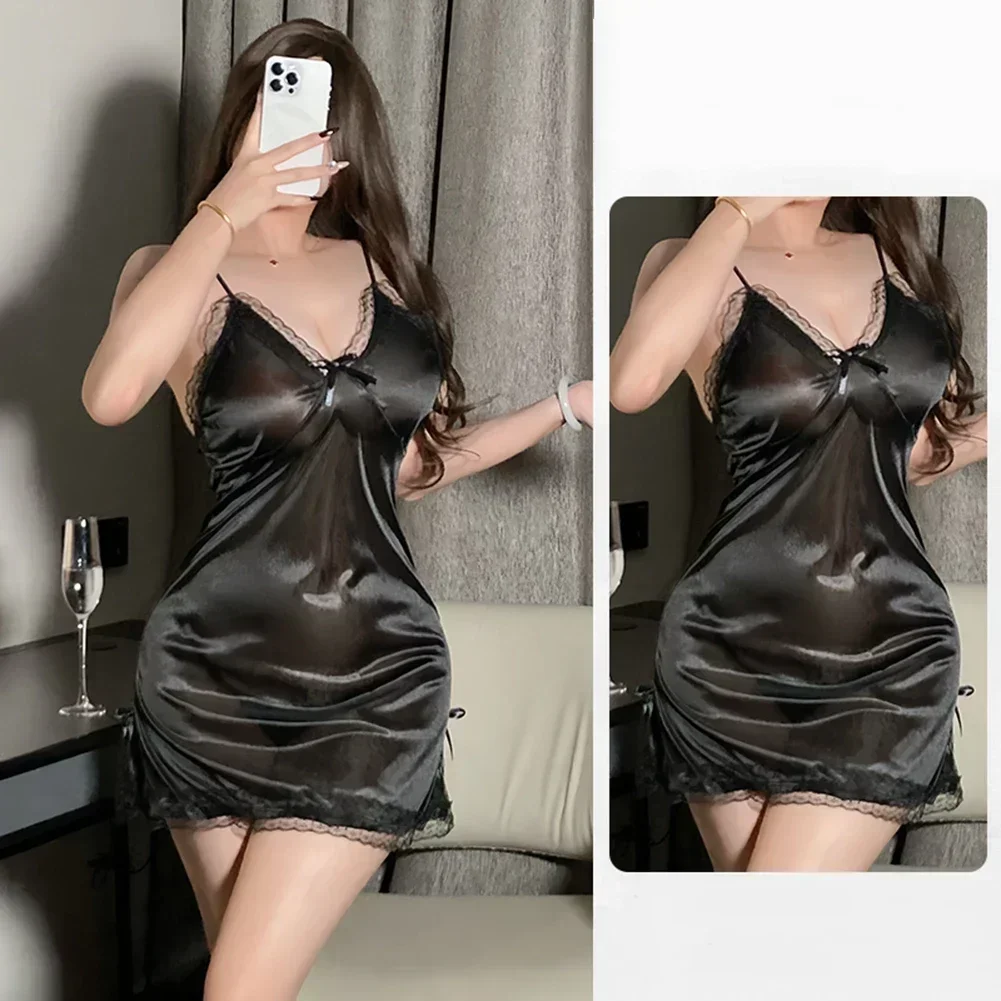 Sexy Lingerie Women Satin Suspender Nightdress Thong Pajama Thin Lace Slit Bow