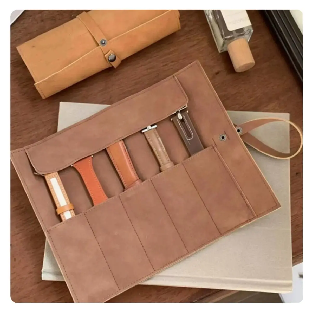 Watch Band Case Organizer,PU Leather Travel Watch Case Watch Roll Organizer,Watch Band Portable Storage Bag Orange
