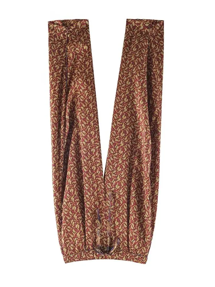 HH レディースファッション ペイズリー柄 ラペル シングルブレスト パジャマ風 プリントシャツ+ハイウエスト カジュアル レースアップパンツ 2点セット 女性用