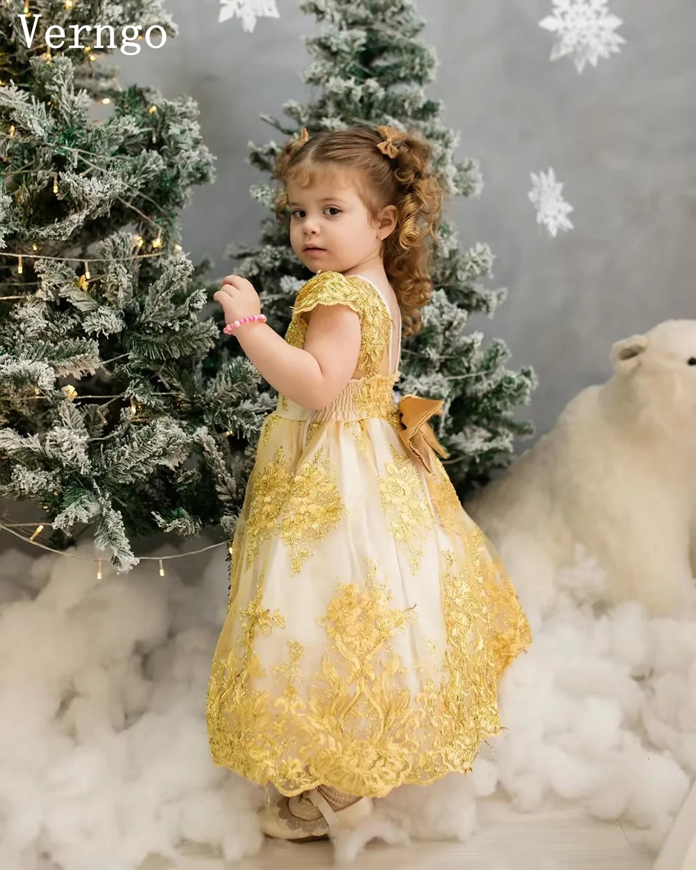 Verngo Yellow Appliques A Lin Girl Flowers Dress Short Sleeves Princess Kid Dress Dubai Dress Tutu Dresses Customized