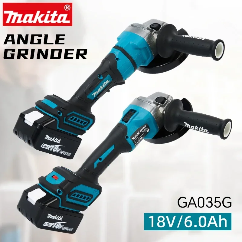 Meuleuse sans fil Makita GA035G avec poignée latérale et protection réglable, idéale pour les outils de réparation automobile, de construction et de travail des métaux.