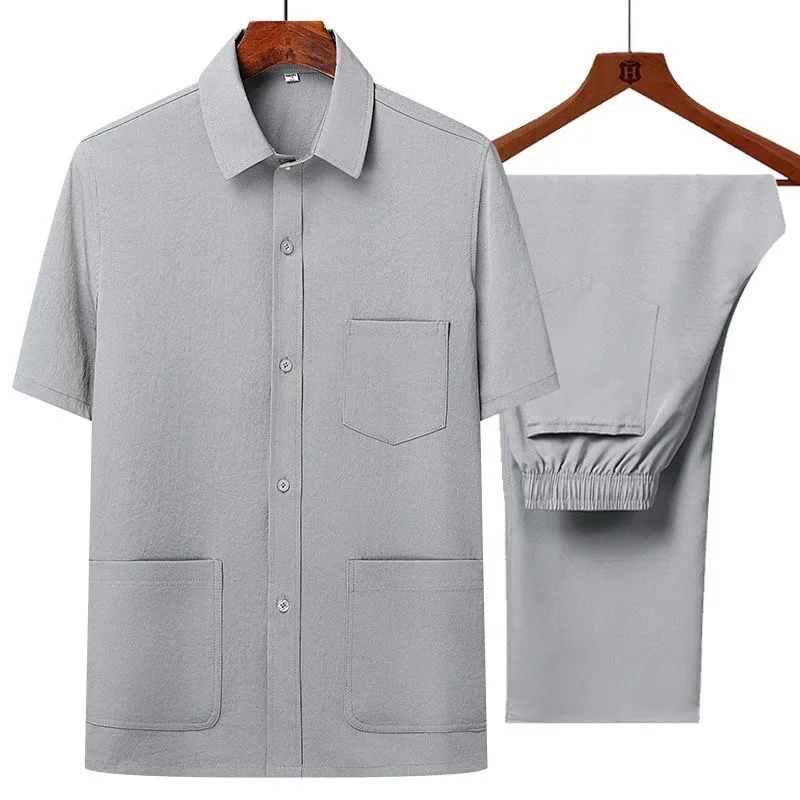 Summer New Fashion Solid Color Ice Silk Breathable Sports Suit Men's Casual Loose Large Size Short-Sleeved T-shirt Two-Piece Set