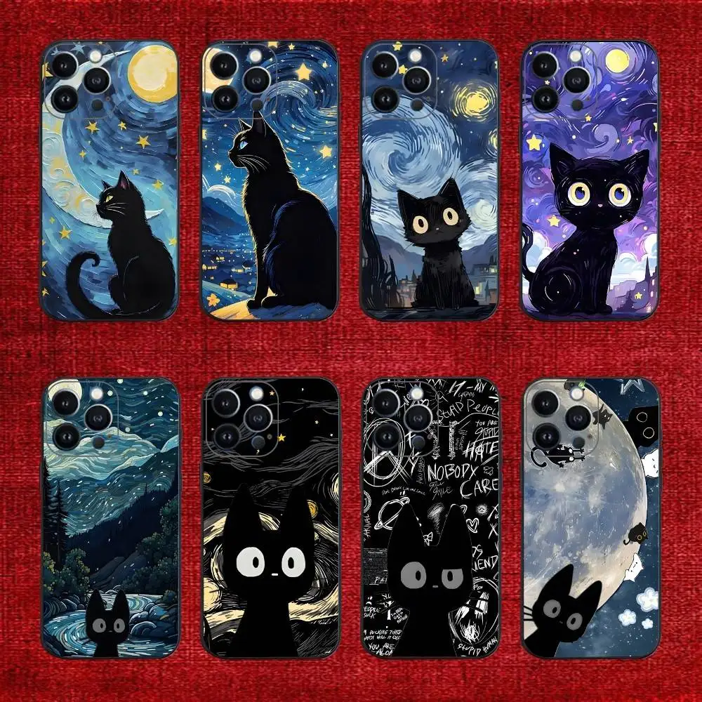 

Black cartoon cat Phone Case For iPhone 16e,16,15,14,13,12,11,Pro,X,XS,Max,XR,Plus,Mini Soft Black Cover