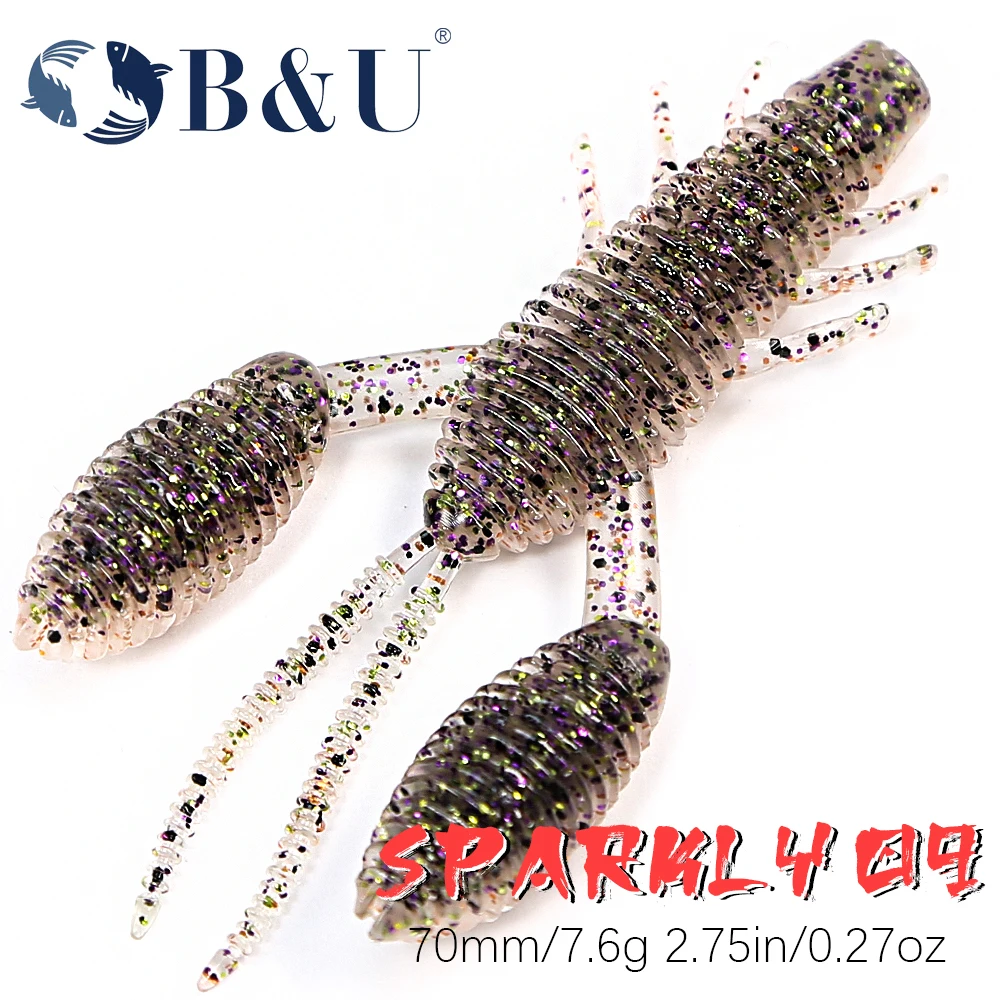 B&U 70mm Soft Fishing Lures Craws Shrimp UV light Soft Plastic Bait Wobblers Bass Lures Saltwater Sea fishing Silicone Baits