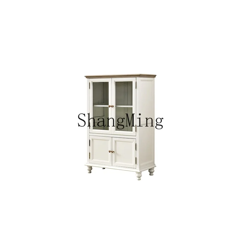 

LXY White Cream Wind Solid Wood Wine Cabinet Living Room Locker Glass Side Cabinet