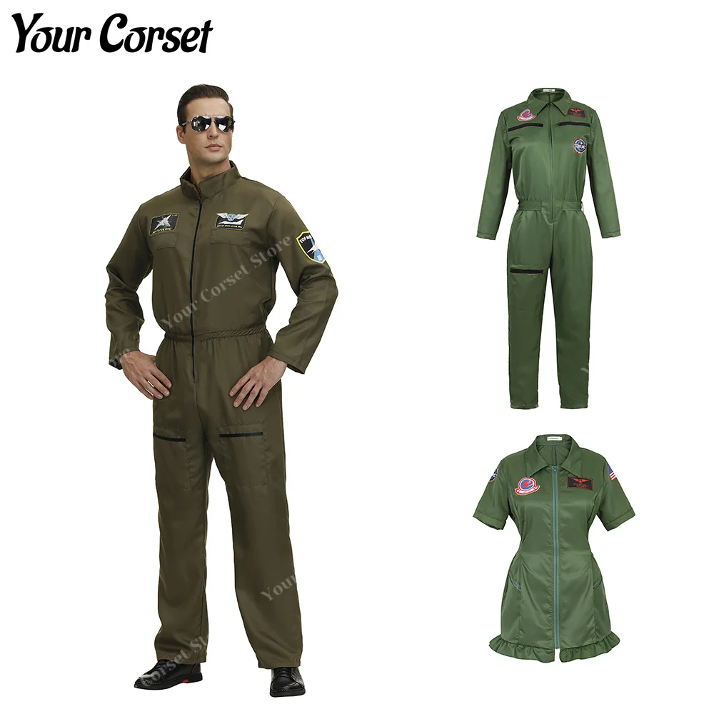 Pilot Suit Adult Halloween Costume Cosplay Military Pilot Uniform Men Top Gun Movie Cosplay American Army Uniform Women Dress