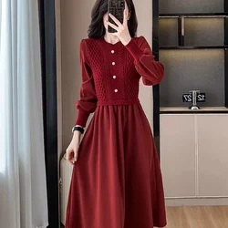 Women NewCasual O-Neck Long Dresses Autumn Ladies Long Styles Sweater Dress Female Lantern Sleeve Fake Two Pieces Knitted Dress