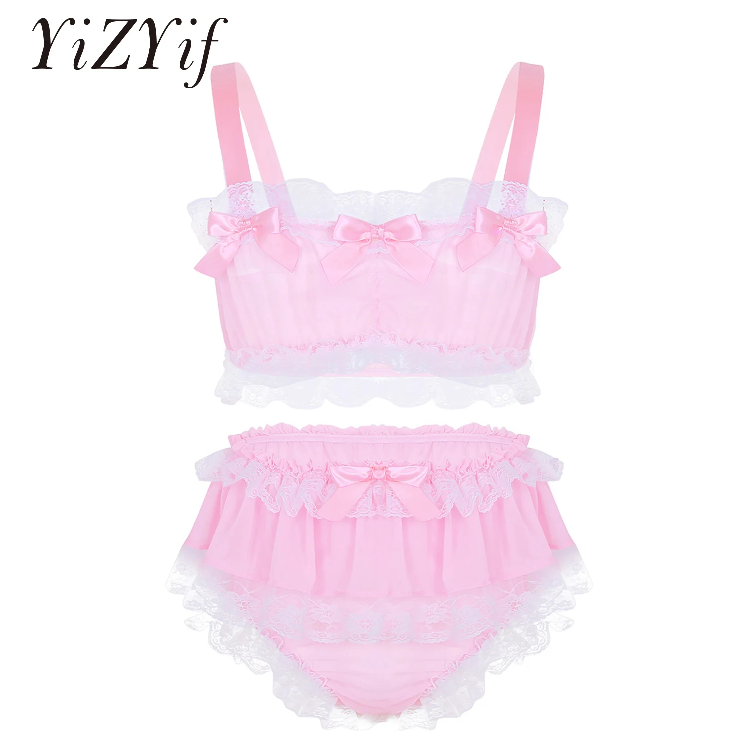 YiZYiF Sissy Men Underwear Sexy Costumes Set Ruffled Lace Sheer Chiffon Crop Top Skirted Petticoated Panties Exotic Sets For Men