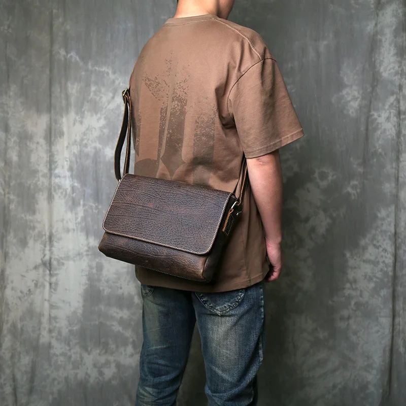 Vintage Full-Grain Crazy Horse Leather Crossbody Bag - Men's Retro Flap Shoulder Bag