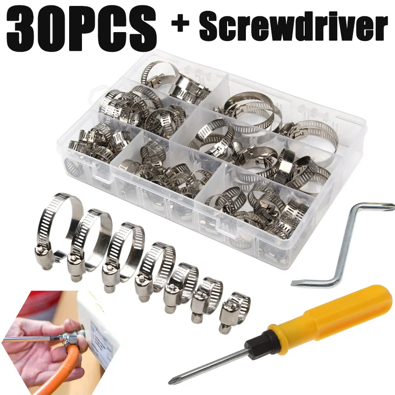 

30pcs Adjustable Hose Hoop Stainless Steel Drive Hose Pipes Clamp Fuel Line Worm Gear Size Clip Hoop Assortment Kit