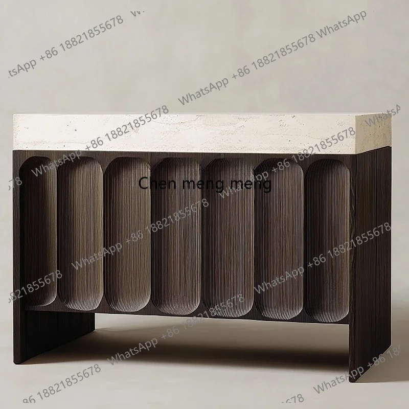 

Medieval solid wood entrance cabinet, high-end entrance door, French retro, natural travertine dining side cabinet