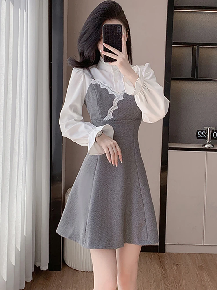 Autumn Winter Fashion Patchwork Fake Two Piece Dress Women Long Sleeve Lace Ruffled Collar Dress 2026 Korean Elegant Party Dress