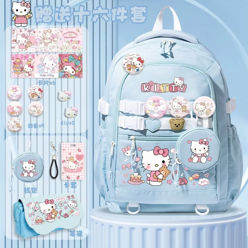 Bolsa escolar Sanrio Hello Kitty, desenho animado bonito, grande capacidade, leve, almofada de ombro, mochila universitária masculina e feminina, nova