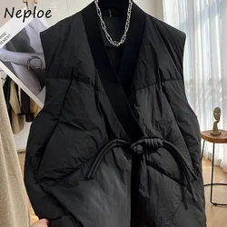 Neploe Korean Vintage V-neck Black Vest for Women 2024 Autumn New Loose Down Cotton Vests Y2k Thicked Warm Jackets Mujer