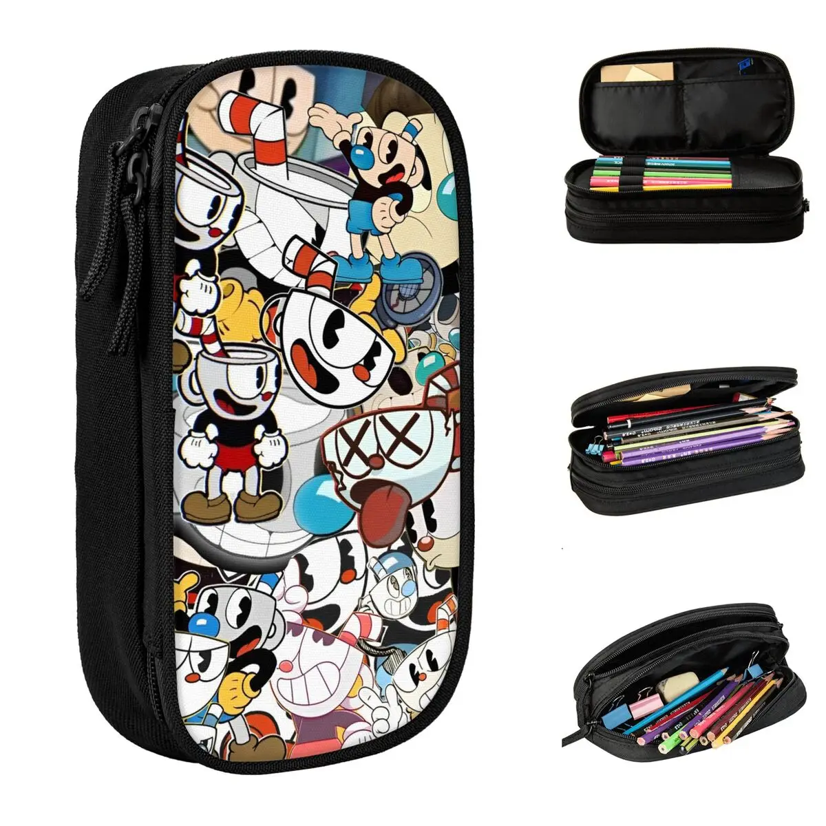Großes Federmäppchen Cuphead Cute Cups Merch Double Funny Expression Layer Federmäppchen für Mädchen, Make-up-Tasche, Geburtstagsgeschenk