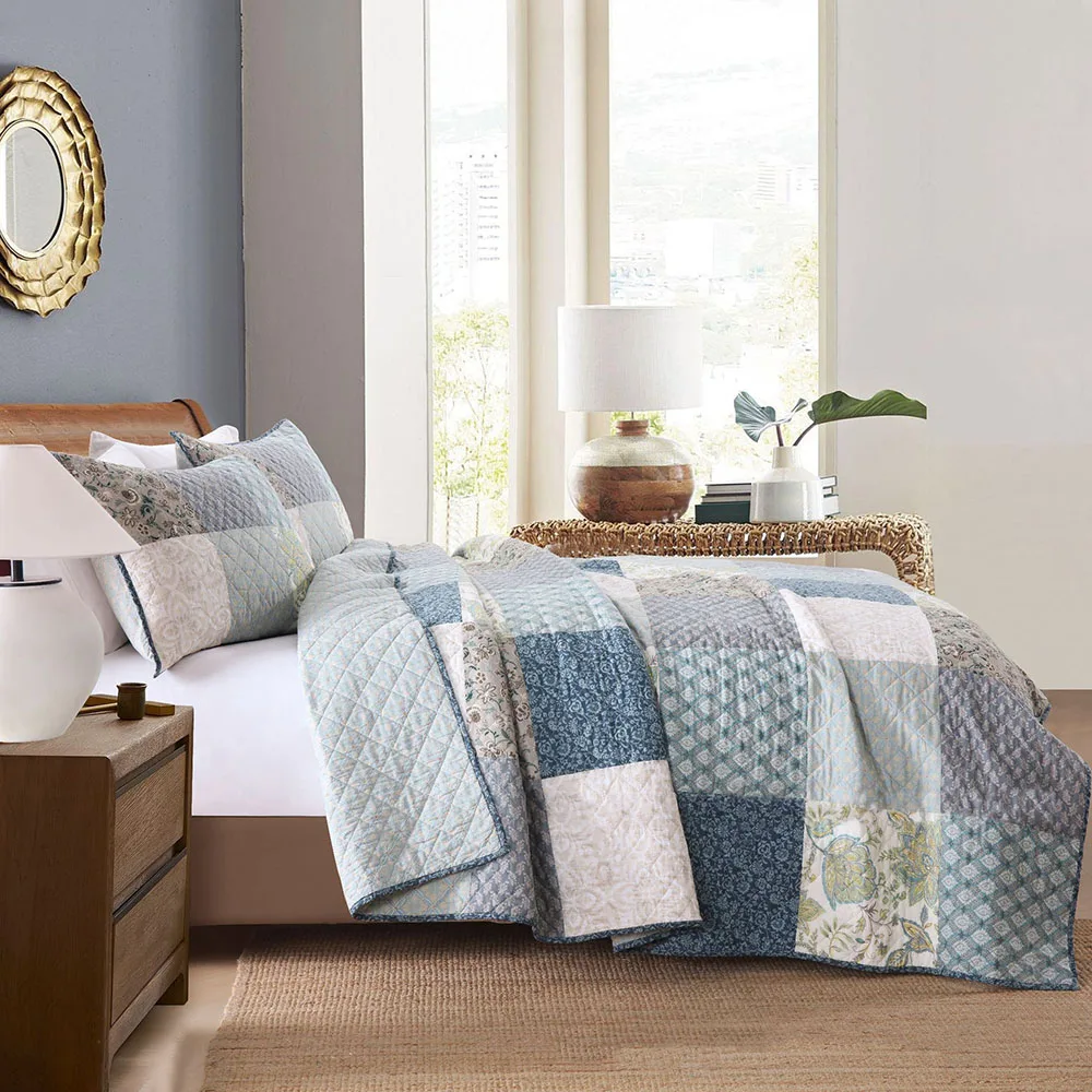 Oversize Country Patchwork Quilt 3PCS Bedspread Set - Lightweight 100% Cotton Summer Bed Cover King Queen Size Home Decor