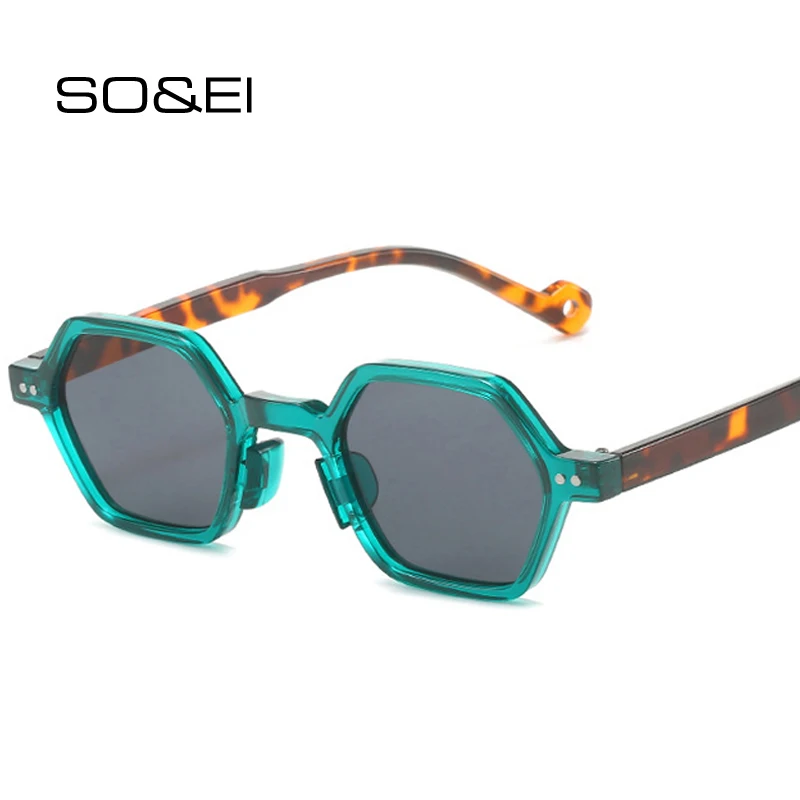 SO&EI Retro Polygon Square Sunglasses Men Candy Color Leopard Eyewear Shades UV400 Women Trending Punk Rivets Sun Glasses