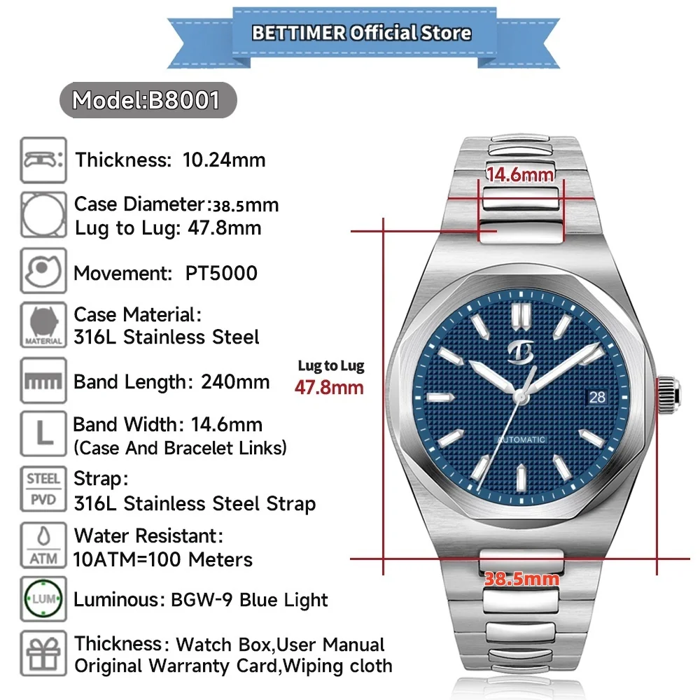 Bettimer 2025 New Men Automatic Mechanical Watch PT5000 38.5mm Sapphire Glass Stainless Steel BWG-9 Luminous Relogios Masculino