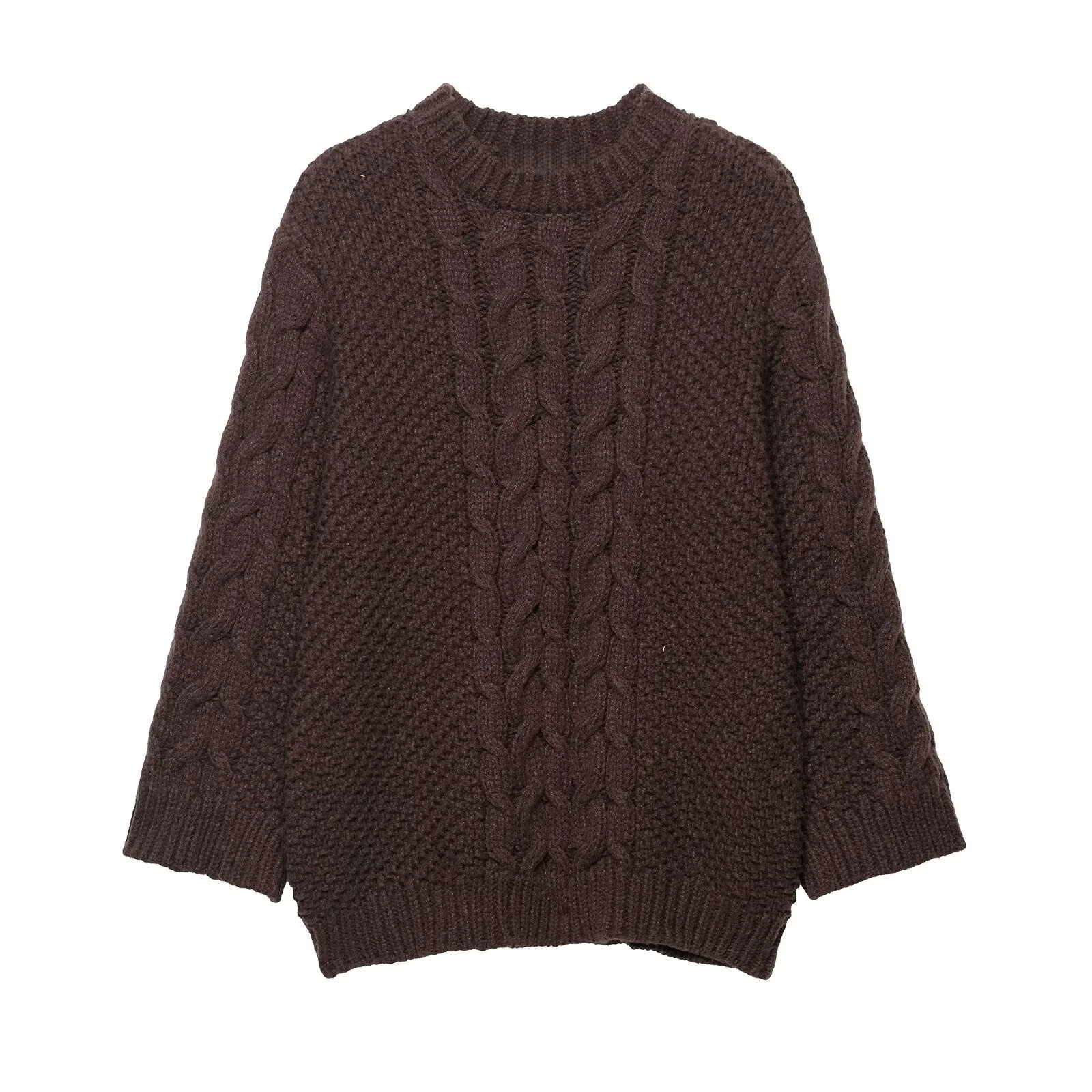 

BSK&TRAF2025 women's autumn new casual loose fashion round neck wide sleeve cable knit sweater