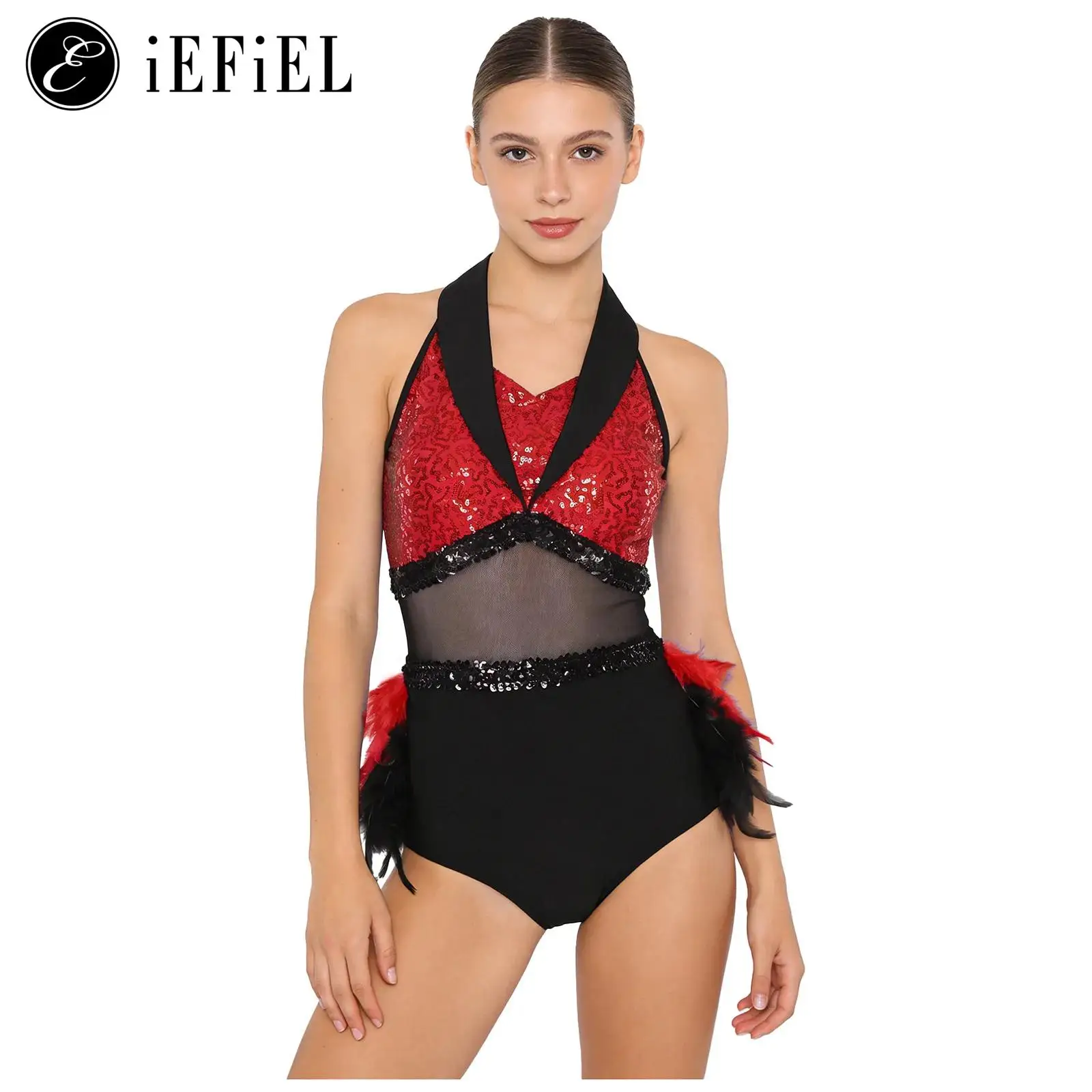 

Womens Latin Dance Leotard Bodysuit Rumba Cha-cha Tango Performance Sleeveless Cutout Shiny Sequin Mesh Feather Dance Jumpsuit