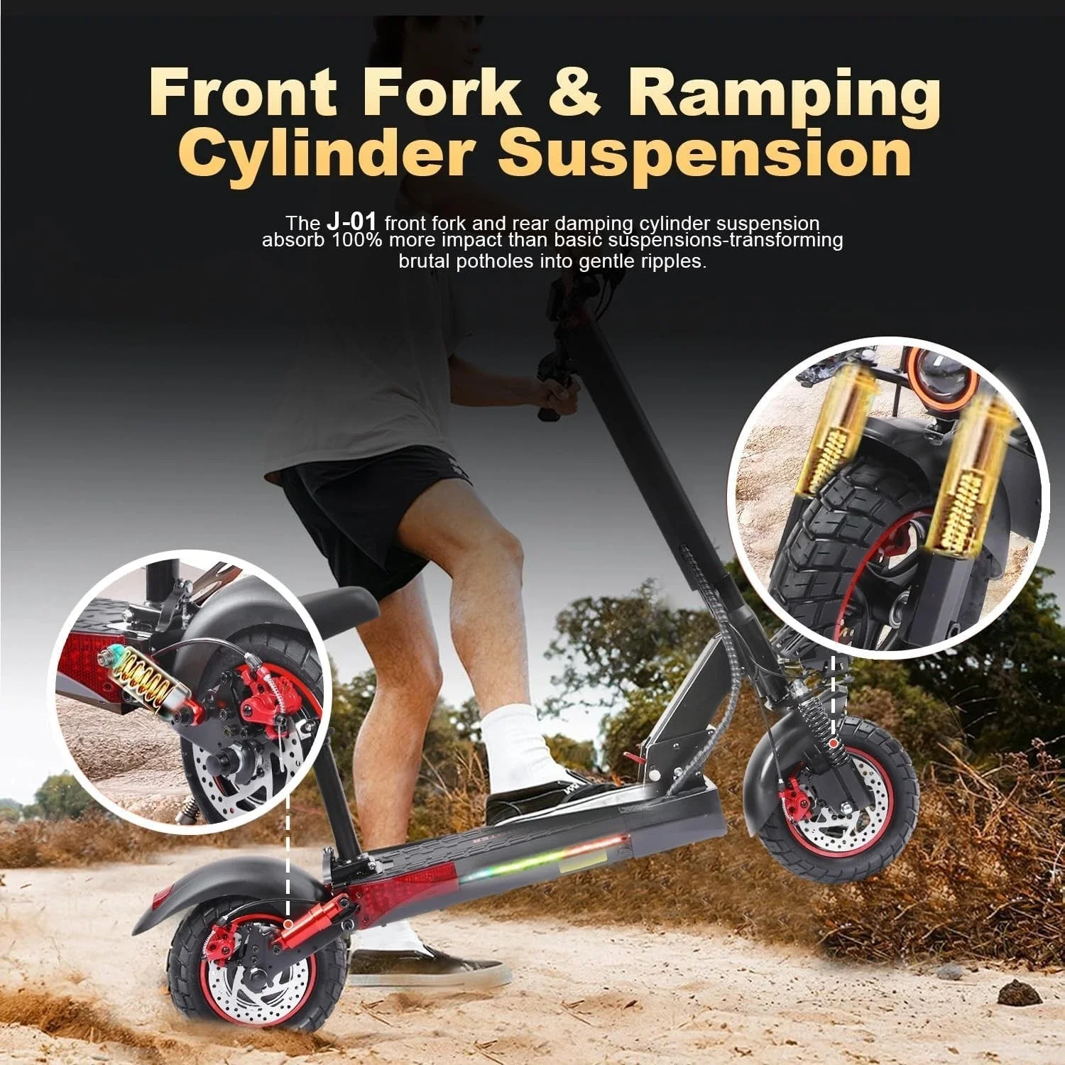 Freeboy J01 Adults Electric Scooter 10 inch Tires 1200W Strong Motor Long Range Full Suspension Disc Brake Key Lock Removable Seat Height Adjustable Front Light Taillight Rear Signals Foldable Scooter for Teenager Woman