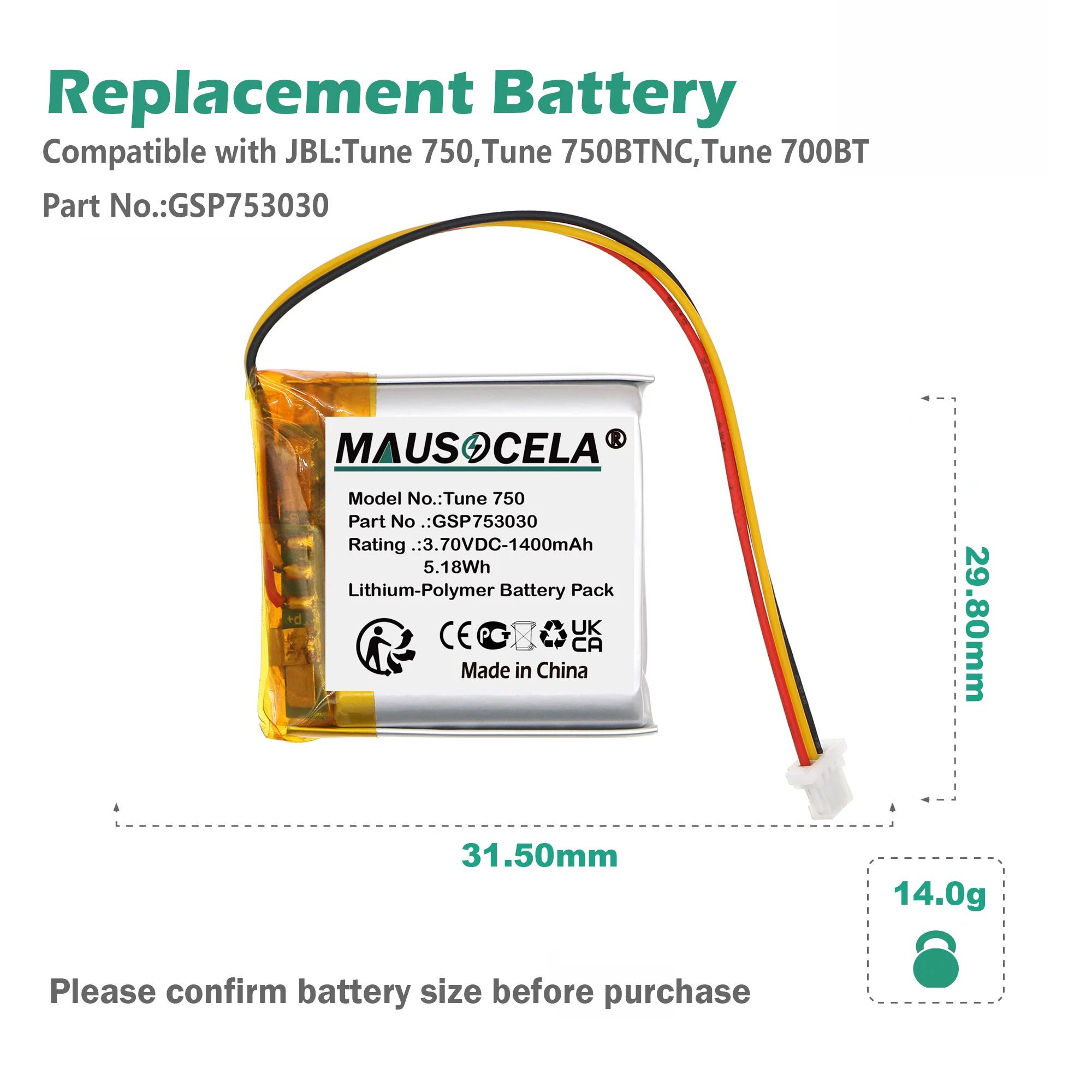 1400mAh/5.18Wh Tune 750,Tune 750BTNC,Tune 700BT Wireless Headset Battery For JBL:GSP753030,--3.70V--Li-Polymer+Toolkit