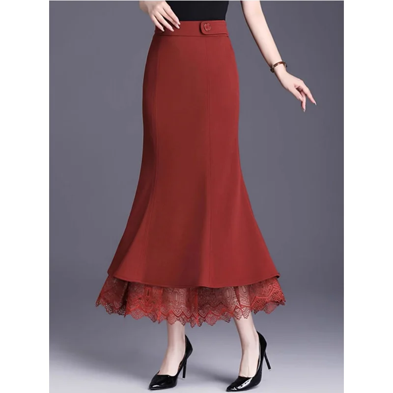 Autumn 2024 New Fashionable Patchwork Solid Color High Waist A-line Skirt Ladies Temperament Lace Slim Long Dress Women Clothes