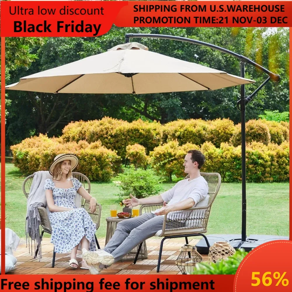 

10FT Patio Offset Umbrella - Cantilever Hanging Outdoor Umbrellas w/UV Protection & 8 Ribs & Handy Crank & Cross Base