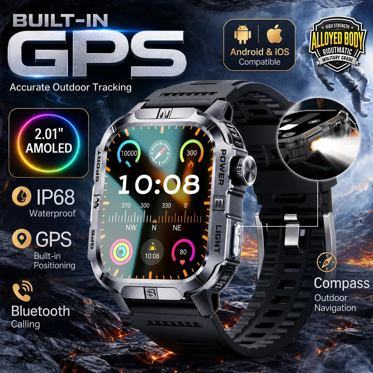 

Brand new BUILT-IN GPS Accurate 6-Sat GPS Smart Watch IP68 Freediving AMOLED Compass Flashlight Call Smartwatch for iOS Android