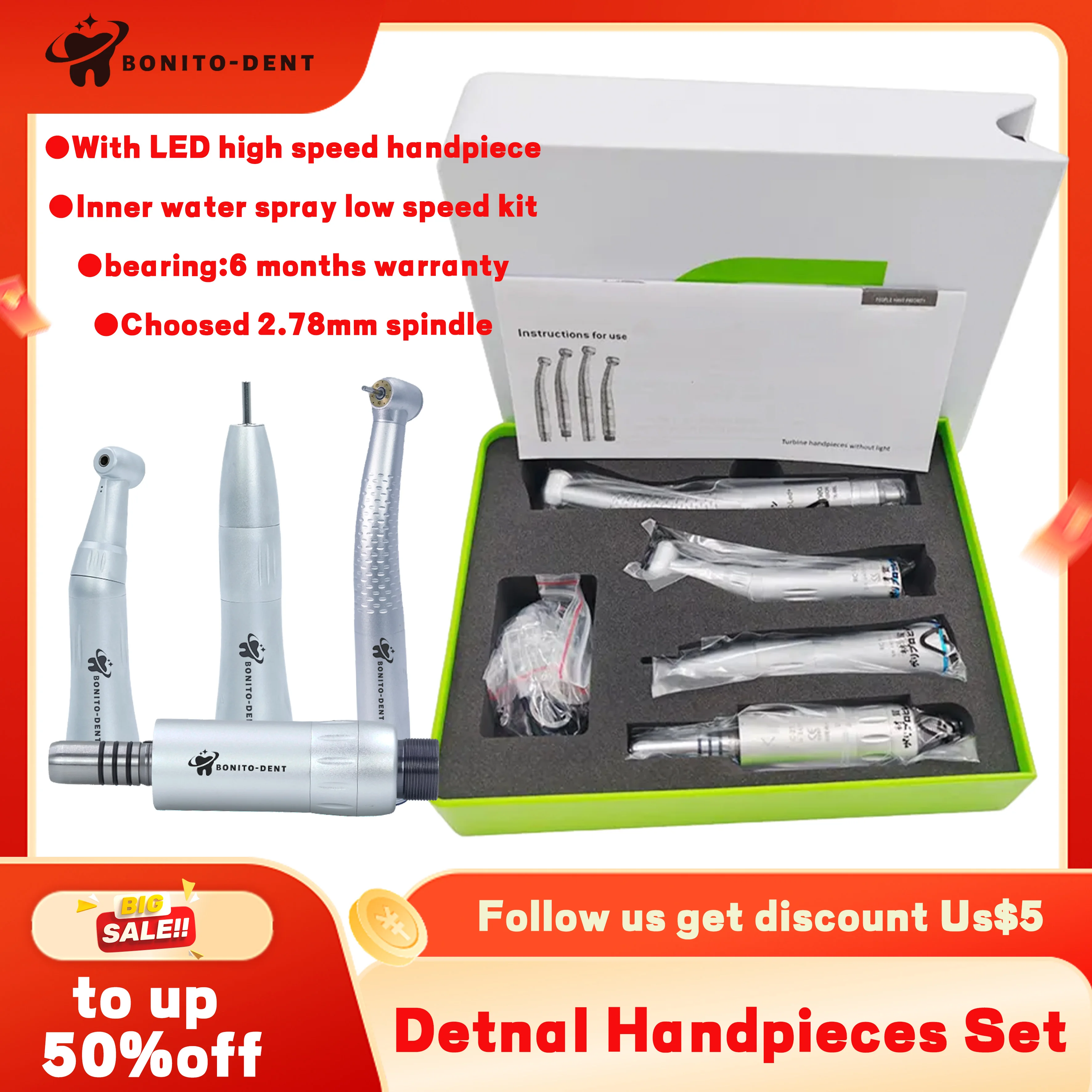 Dental Student Kits 1Pc High Speed 5 LED Handpiece /1 Set Inner Water Spray Dental Low Speed Handpieces Kit tool