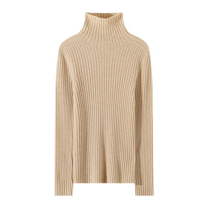 

Women's 100% cashmere sweater casual solid color striped knit pullover Tops slim fit high neck Jumper base Blouse for warmth