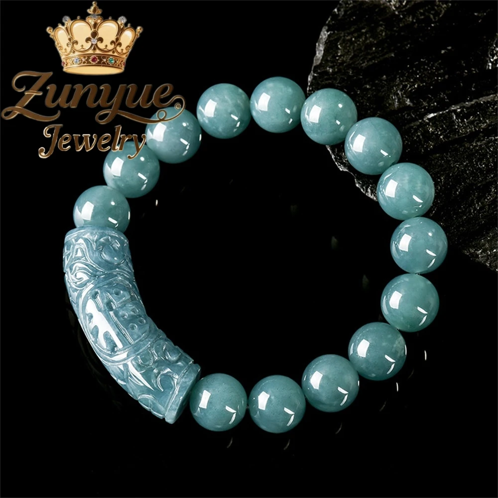 Genuine Natural A-grade Jadeite Blue Water "Fu" Character Curved Bar Bracelet Ice-type  Luxury Quality Jewelry Fine Holiday Gift view 2