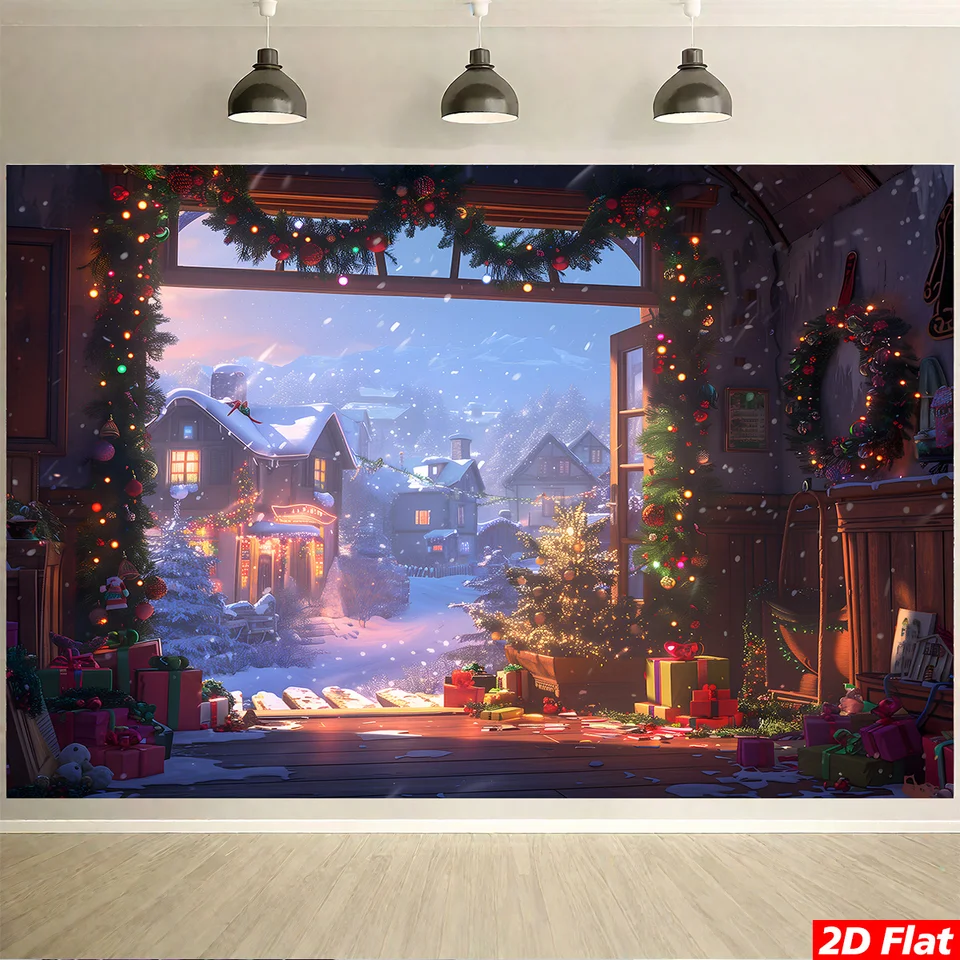 2D Flat, 1pc Large Winter Wall Tapestry - Snowy Christmas Village