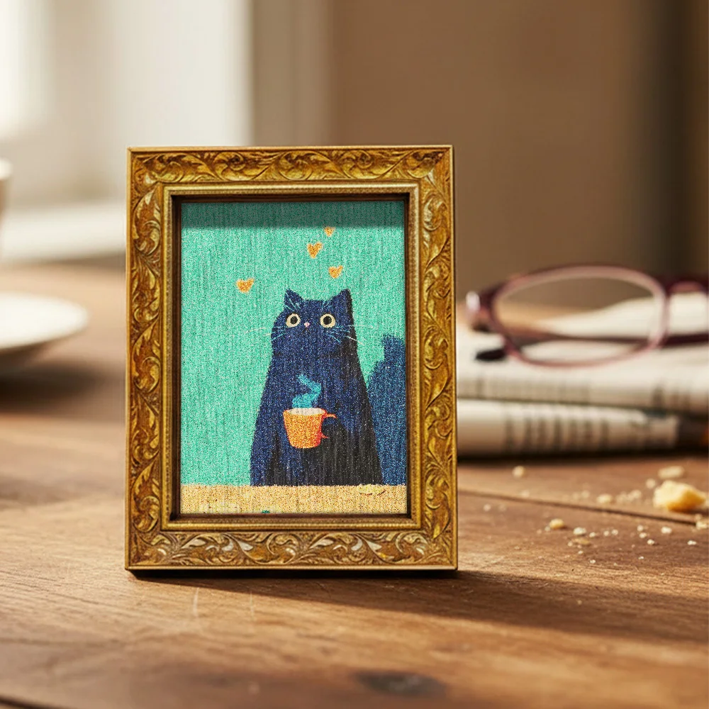 Vintage-Kühlschrankmagnet mit geschnitztem Holzrahmen, niedlicher Kühlschrankaufkleber mit schwarzer Katze, die Kaffee trinkt, für Küchendekoration und Katzenliebhaber – Detail 7