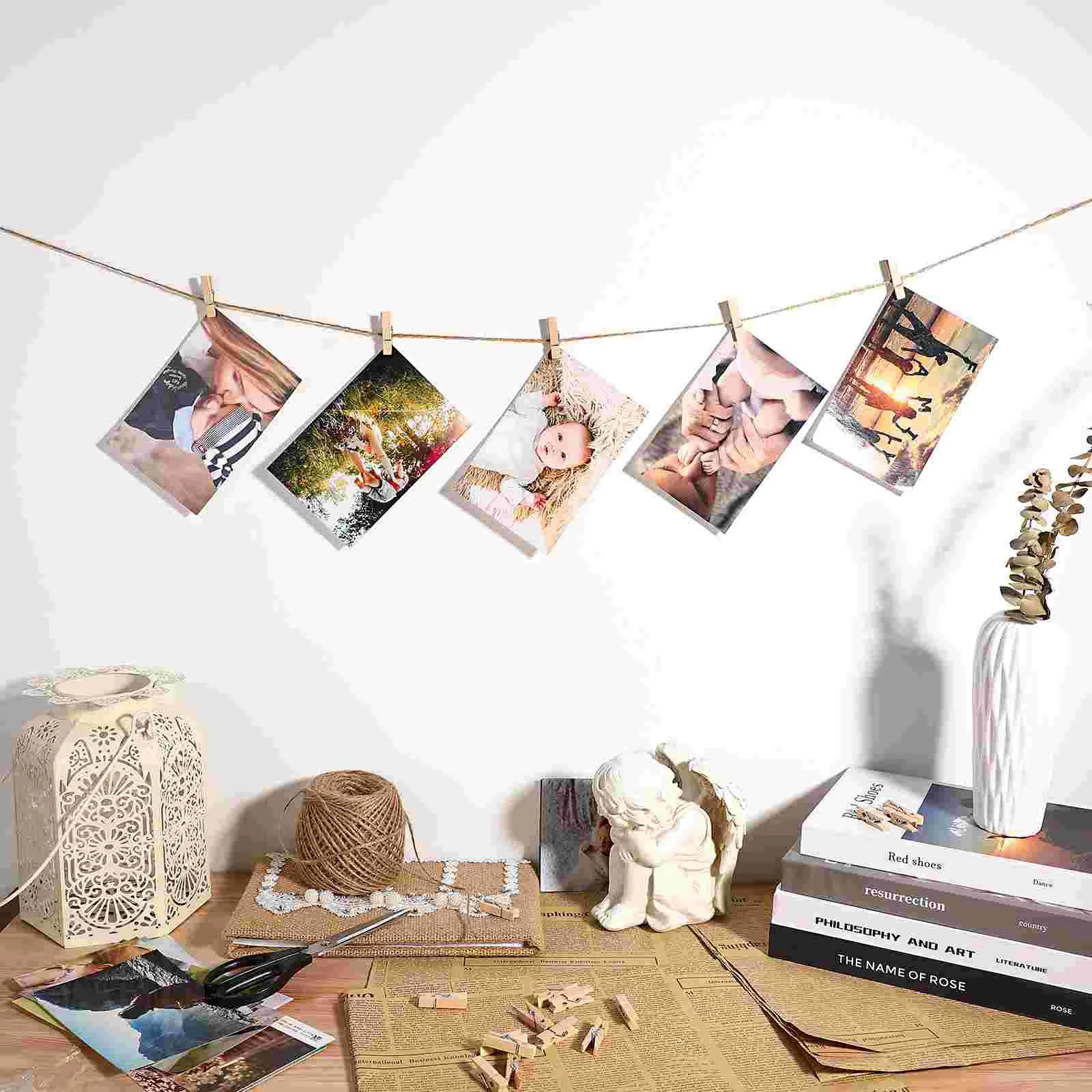 100pcs Wooden Photo Clamps Picture Clips Natural Rope Wall Hanging Decorative Clips for Home Office Party Gifts