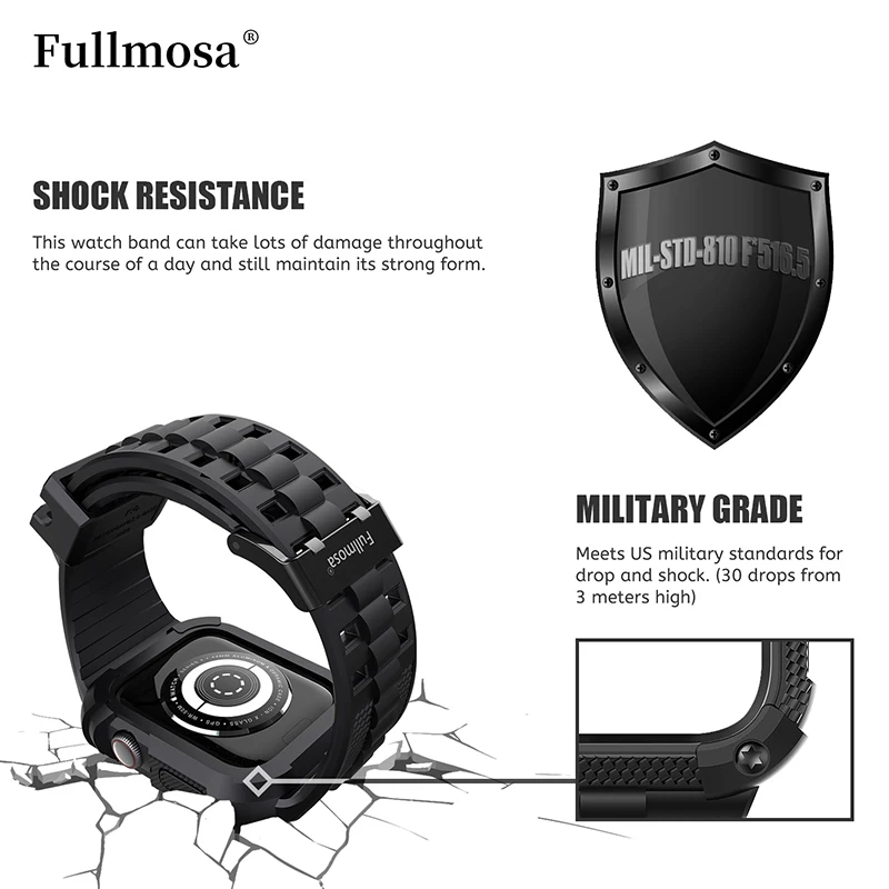 Fullmosa for Apple Watch Bands 40/41/44/45/49mm Rugged with Screen Protector Silicone Straps for Apple Watch Ultra 2 Series 9 8