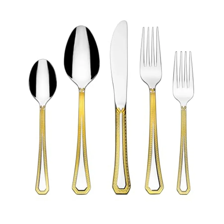 

Набор столовых приборов из 20 предметов - Золотой сервиз в стиле греческого ключа для 4 персон, из высококачественной нержавеющей стали 18/10, с позолотой 24 карата