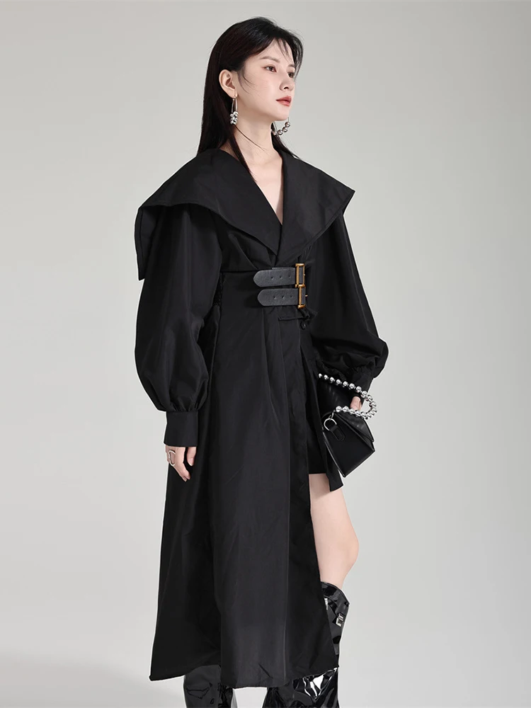 [EAM] Women Black Irregular Shirt Dress New Lapel Lartern Long Sleeve Belt Waist Loose Fashion Tide Spring Autumn 2024 1DH2257