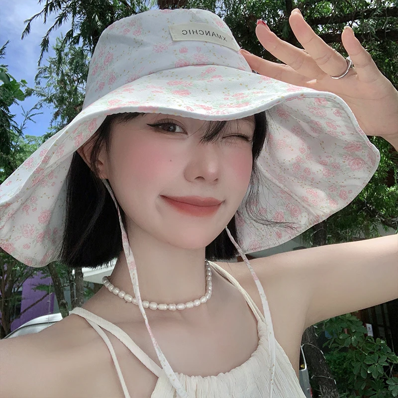 Isn Sweet Floral Lotus Leaf Edge Bucket Hat Spring and Summer Big Brim Sun Protection Show Face Small Cute Mori Czapki damskie