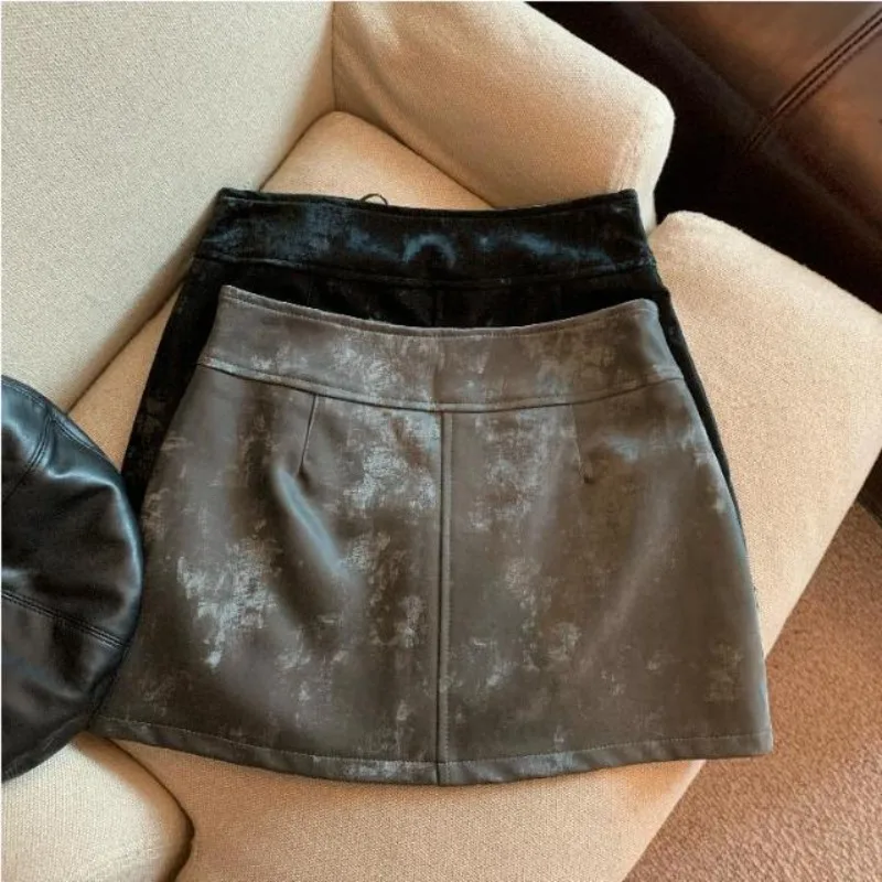 Women Pu Leather Short Skirt Strapped High Waist Slim Fit A Word Short Bodycon Mini Skirt