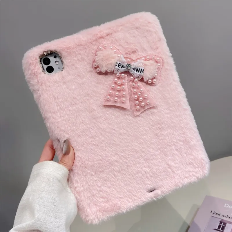 

Cute Plush Furry Bow Pearl Decor Tablet Case for Samsung Galaxy A7Lite A9 Tab A11 8.7 S6Lite 10.4 P620/P625/P610 Tab A7 10.4in