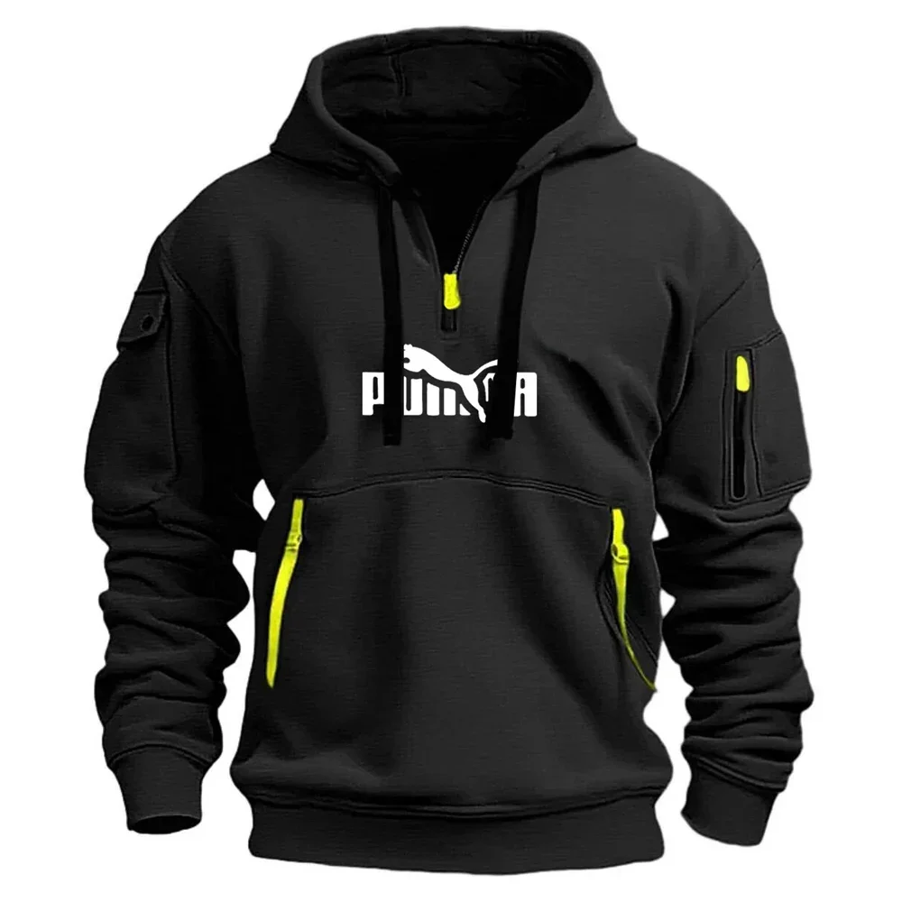 

Autumn and Winter Men's Striped Printed Top, New Street Men's Long-sleeved Zippered Pocket Pullover, Men's Hooded Sweatshirt