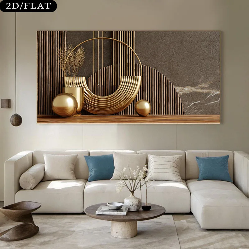 2D Flat,Frameless Abstract Gold-gray Canvas Wall Art,Gold Vertical Stripes and Golden Circle Poster,Bedroom Simple Neutral Decor