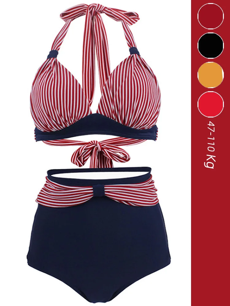 

2024 New Retro Striped Polka Dot Bikini Large Size Fat MM Meat Covering Women's High Waist Slimming Big Chest Bikini