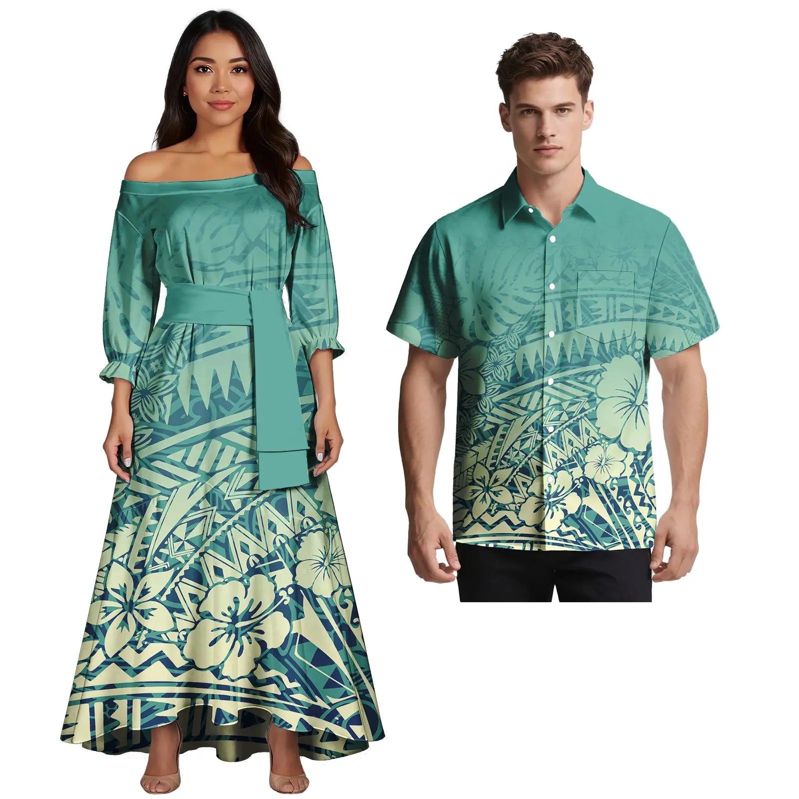 Prom Couple Suits Women Slim Sexy Dress Polynesian Pattern Matching Short Sleeve Men's Hawaii Shirt Plus Size Wholesale