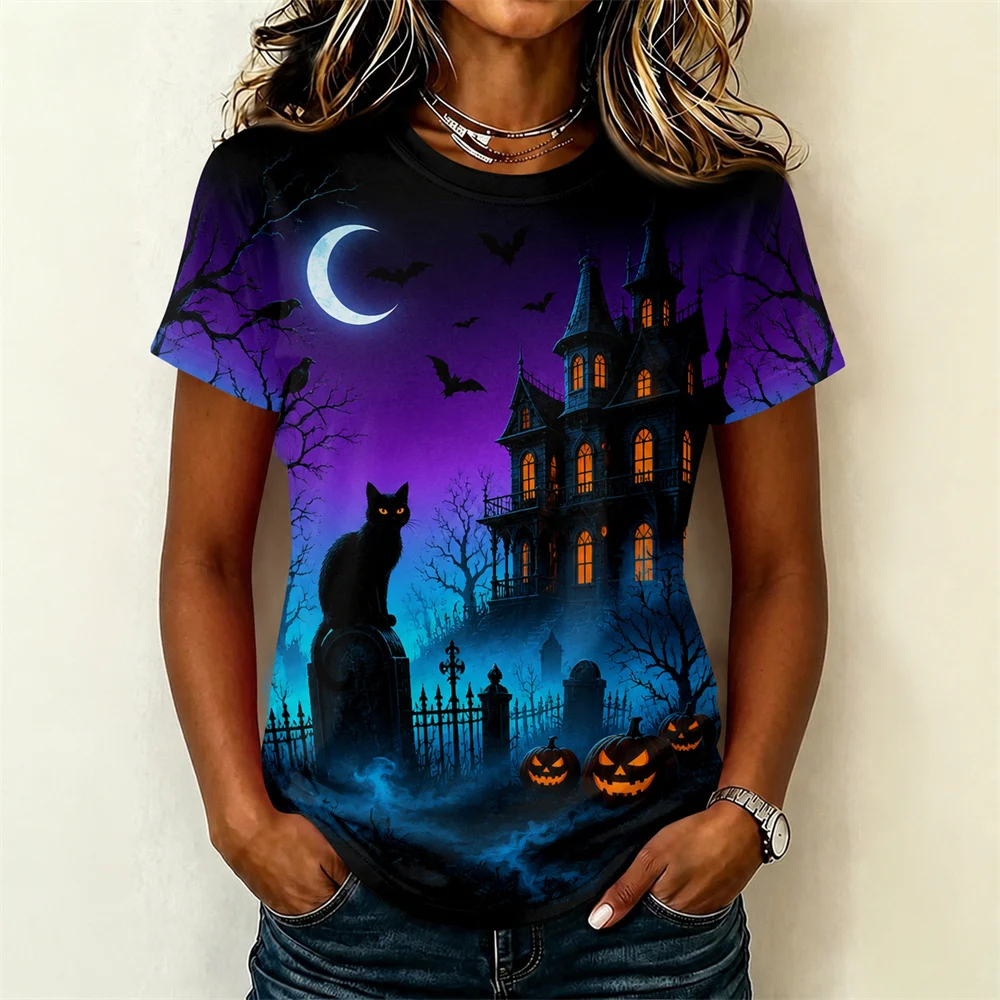 Halloween T-shirt Men Women Spooky Witch House Graveyard Full Moon Pumpkin Graphic Print Purple Black Short Sleeve Horror Tee