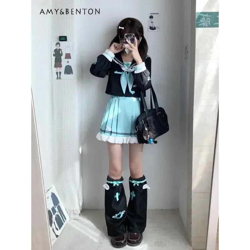 25COSKawaii Preppy Style Jk Uniform Suit Japanese Navy Collar Long-sleeved Short Shirt Ruffle Edge Patchwork Pleated Skirt Twins