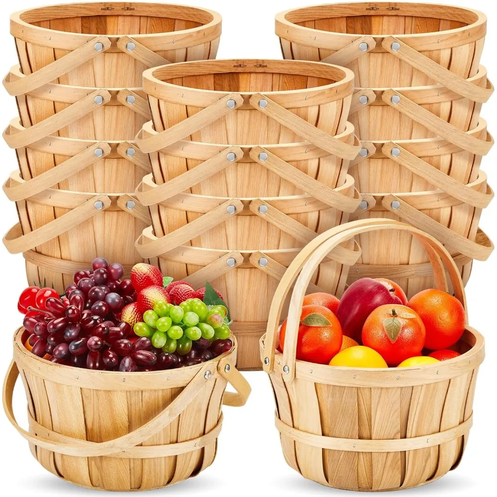 

16 Pcs 11 x 6.5'' Large Round Wooden Basket Apple Baskets Fruit Bushel Baskets Farmers Fall Harvest Portable Garden Basket