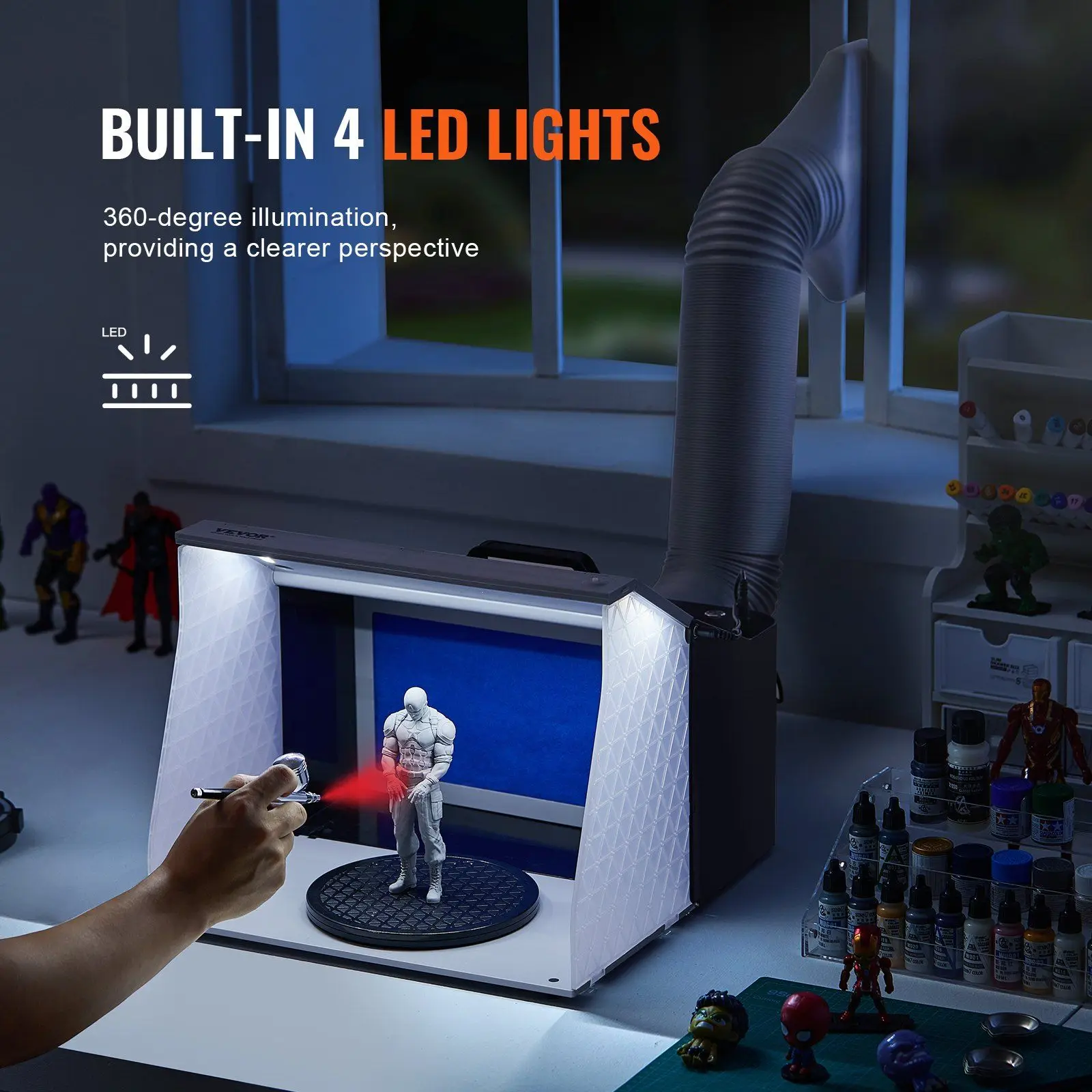 كشك طلاء مرن للبخاخة 4 أضواء LED تدفق 5.2 م 3 / دقيقة مراوح مزدوجة قابلة للطي مدمجة مع قرص دوار #4